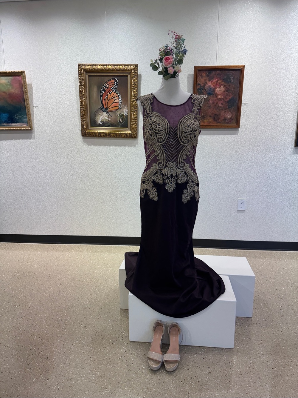 Embellished Deep Purple Prom Gown with Gold Appliqué